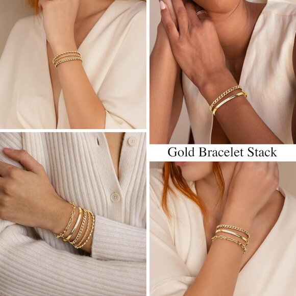 Gold Bracelets for Women Non-Tarnish Dainty Chunky Stackable Cuff Bangle Jewelry - Picture 3 of 8